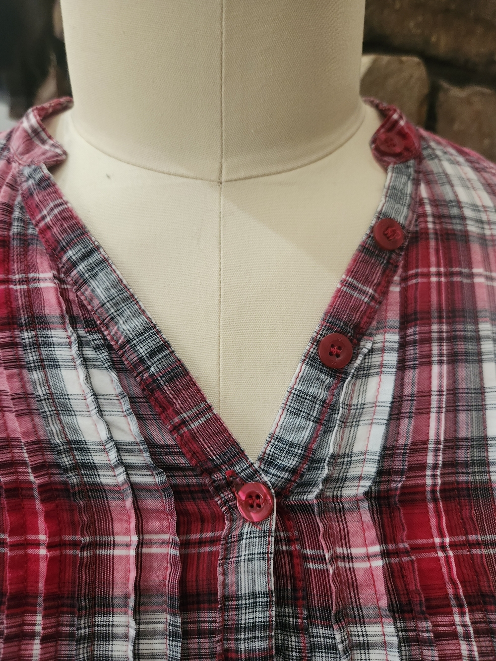 Miley Cyrus & Max Azria Red and White Plaid Button-Up Blouse